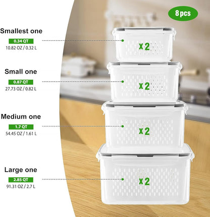 Fruit Storage Containers for Fridge with Removable Colander, Airtight Food Storage Container, Dishwasher Safe Produce Saver for Refrigerator, Keep Berry Fruit Fresh Longer 4 pcs Small Clear
