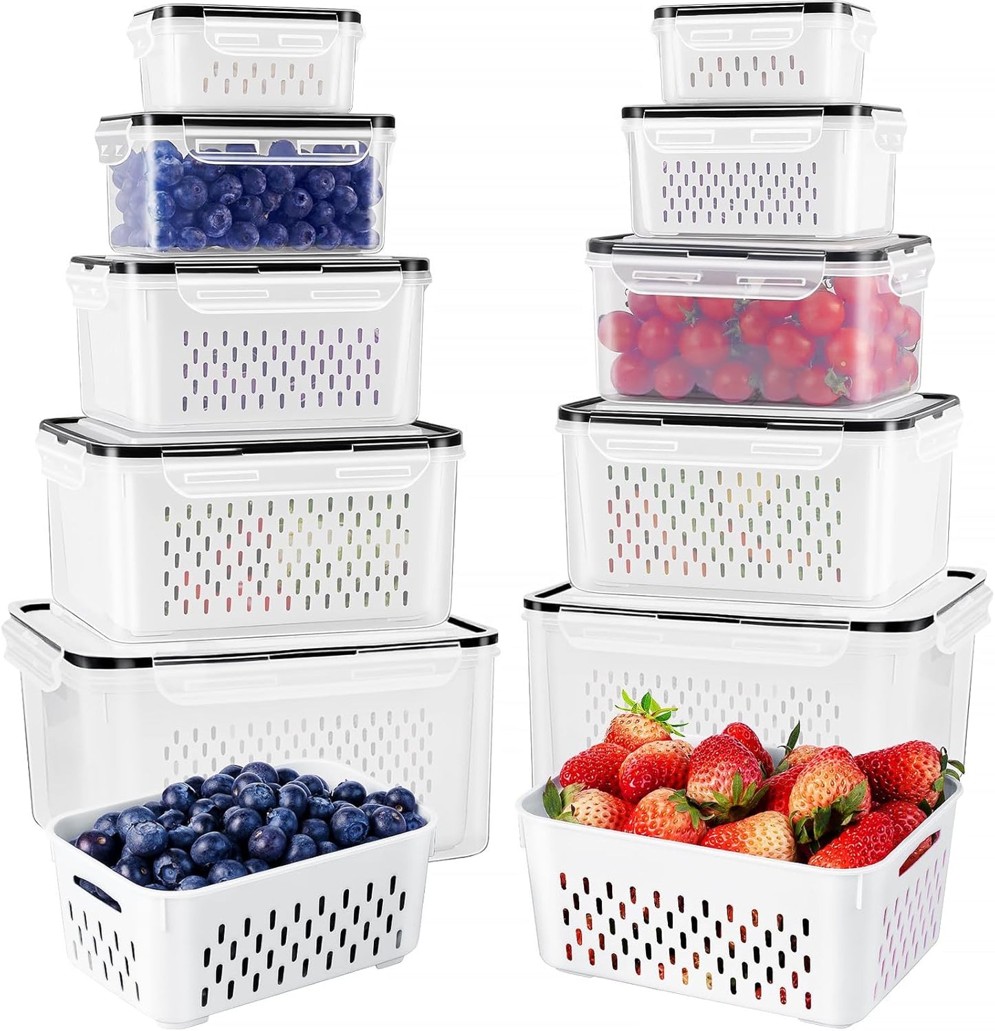 Fruit Storage Containers for Fridge with Removable Colander, Airtight Food Storage Container, Dishwasher Safe Produce Saver for Refrigerator, Keep Berry Fruit Fresh Longer 4 pcs Small Clear