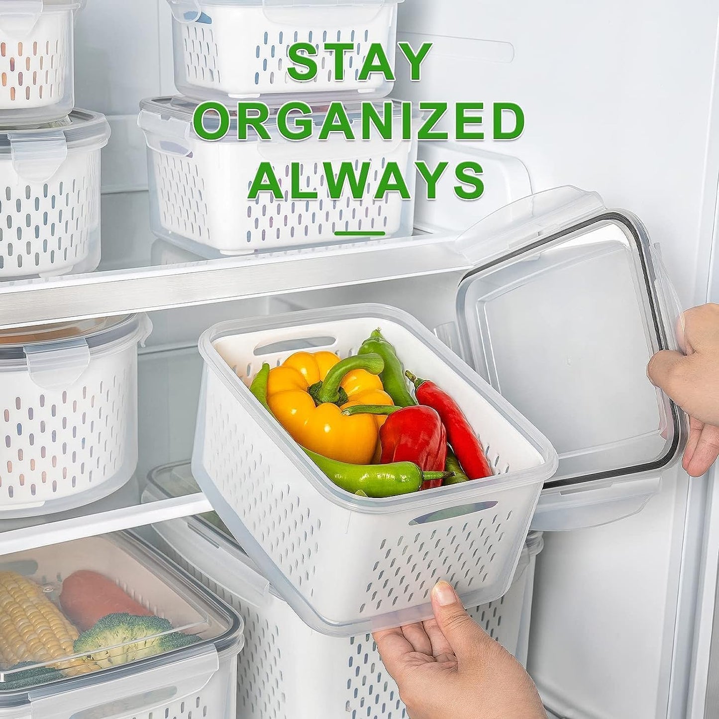 Fruit Storage Containers for Fridge with Removable Colander, Airtight Food Storage Container, Dishwasher Safe Produce Saver for Refrigerator, Keep Berry Fruit Fresh Longer 4 pcs Small Clear