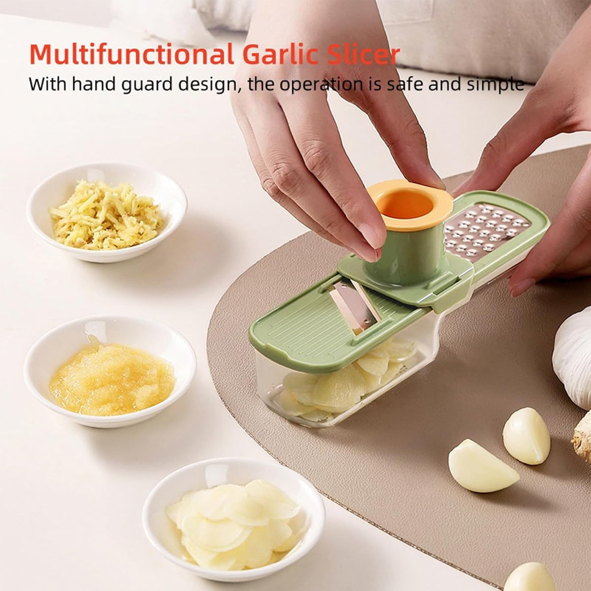 3-in-1 Stainless Steel Garlic Grinder Slicer Shredder Easy Clean Safe Kitchen Food Cutter with Hand Guard
