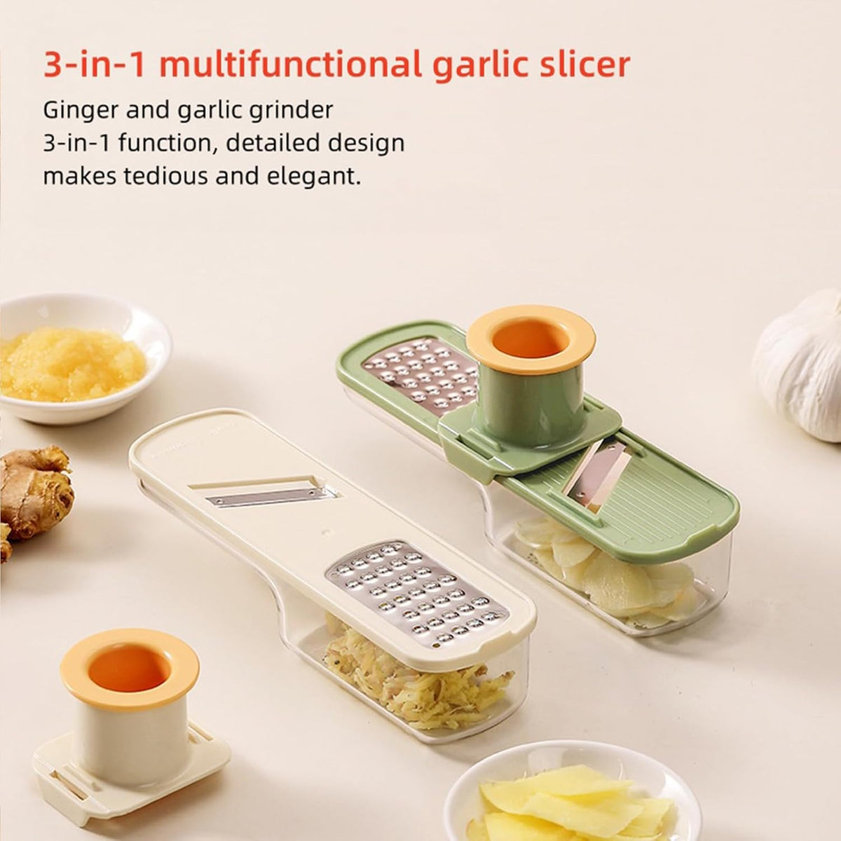 3-in-1 Stainless Steel Garlic Grinder Slicer Shredder Easy Clean Safe Kitchen Food Cutter with Hand Guard
