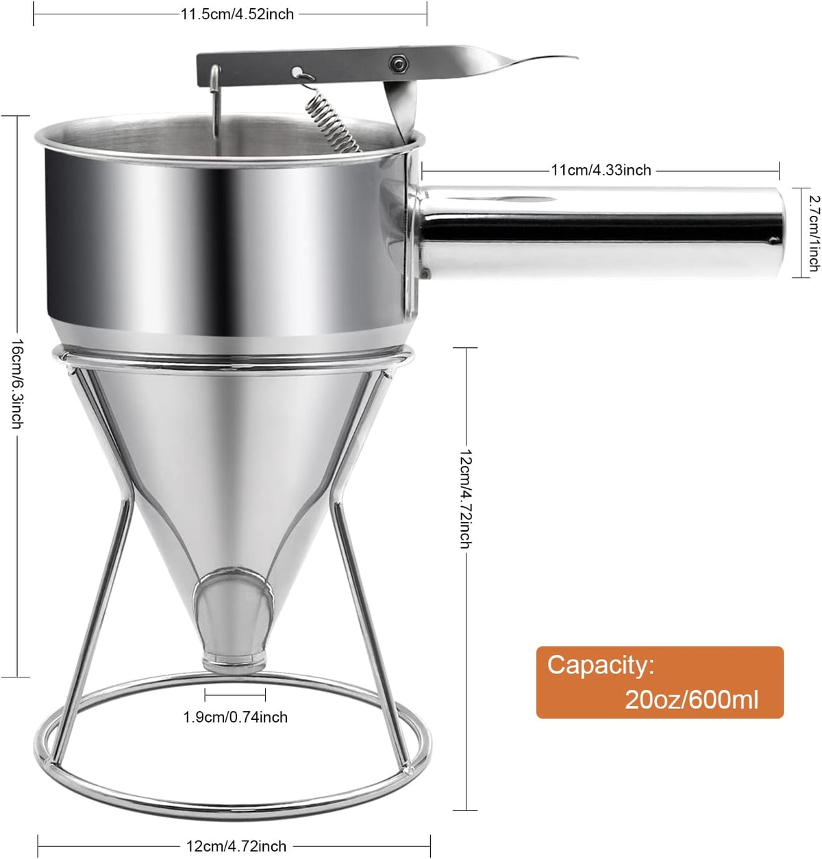 40oz Pancake Batter Dispenser, Stainless Steel Funnel Cake Dispenser with Stand Heavy Duty Baking Tool for Cupcake Waffles Cakes, Caliber: 0.31"/0.47"/0.55"/0.67"