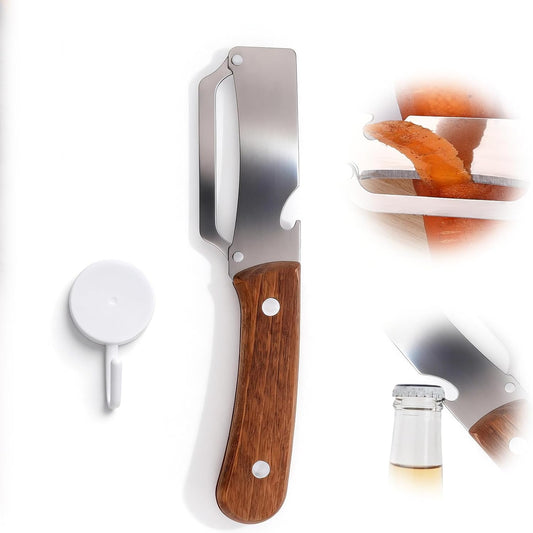 Multi-Functional Vegetable Peeler with Hook, Stainless Steel Sharp Blades Peeler with Wooden Handle & Bottle Opener Practical Kitchen Tool for Veggie Fruit Apple Potato Sugar Cane