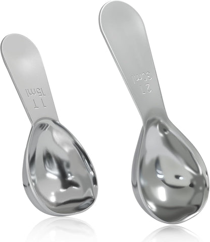 2Pcs Stainless Steel Coffee Scoop, 15ml+30ml | Short Handles, 1&2 Tablespoon Measure, Ergonomics Design, For Coffee, Loose Tea, Sugar, Flour