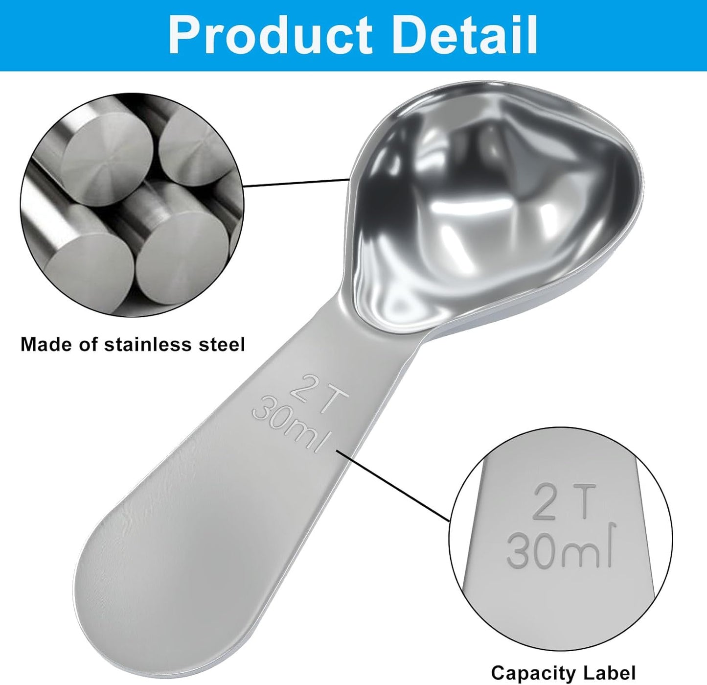 2Pcs Stainless Steel Coffee Scoop, 15ml+30ml | Short Handles, 1&2 Tablespoon Measure, Ergonomics Design, For Coffee, Loose Tea, Sugar, Flour