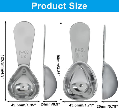 2Pcs Stainless Steel Coffee Scoop, 15ml+30ml | Short Handles, 1&2 Tablespoon Measure, Ergonomics Design, For Coffee, Loose Tea, Sugar, Flour