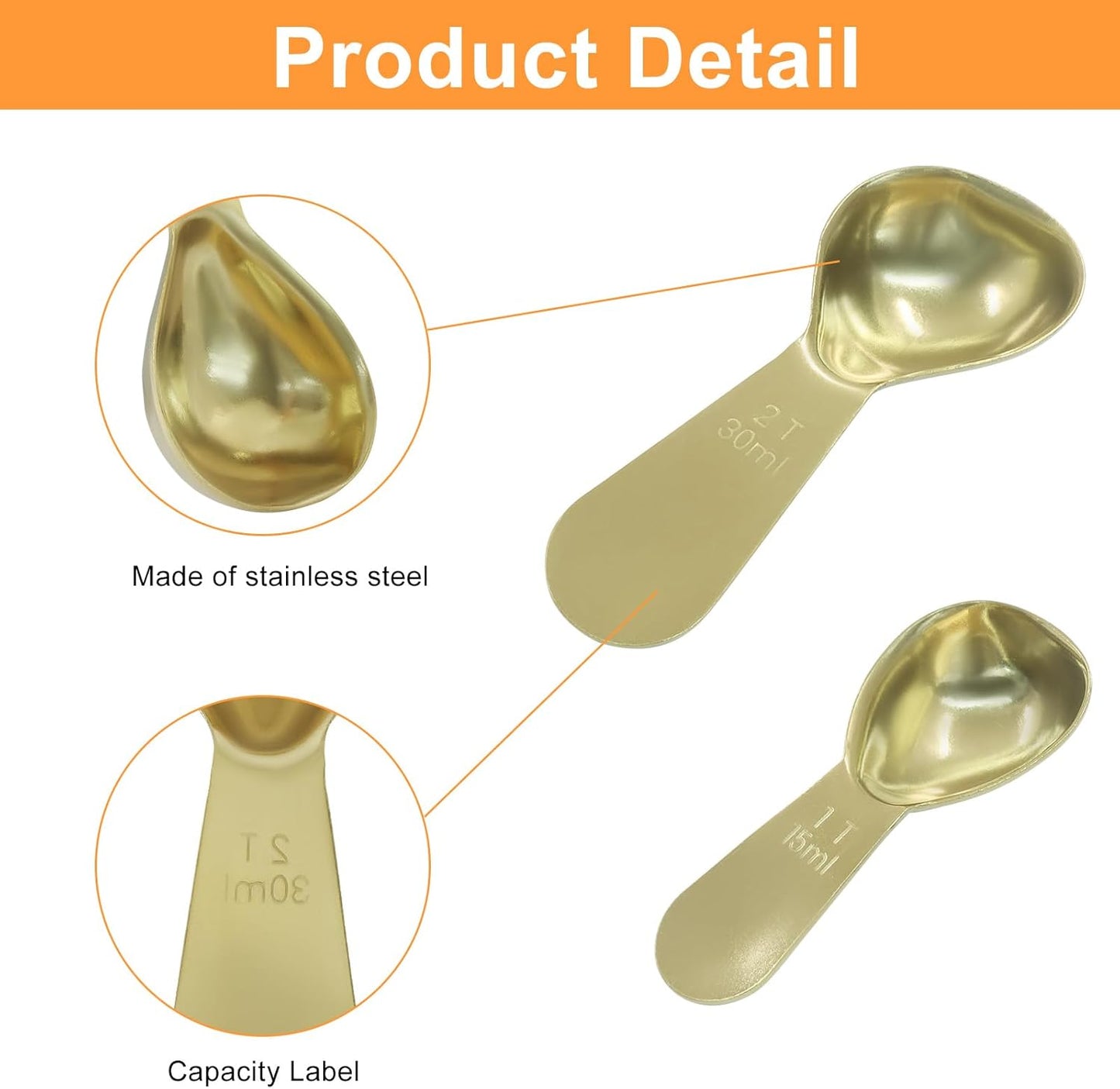 2Pcs Stainless Steel Coffee Scoop, 15ml+30ml | Short Handles, 1&2 Tablespoon Measure, Ergonomics Design, For Coffee, Loose Tea, Sugar, Flour