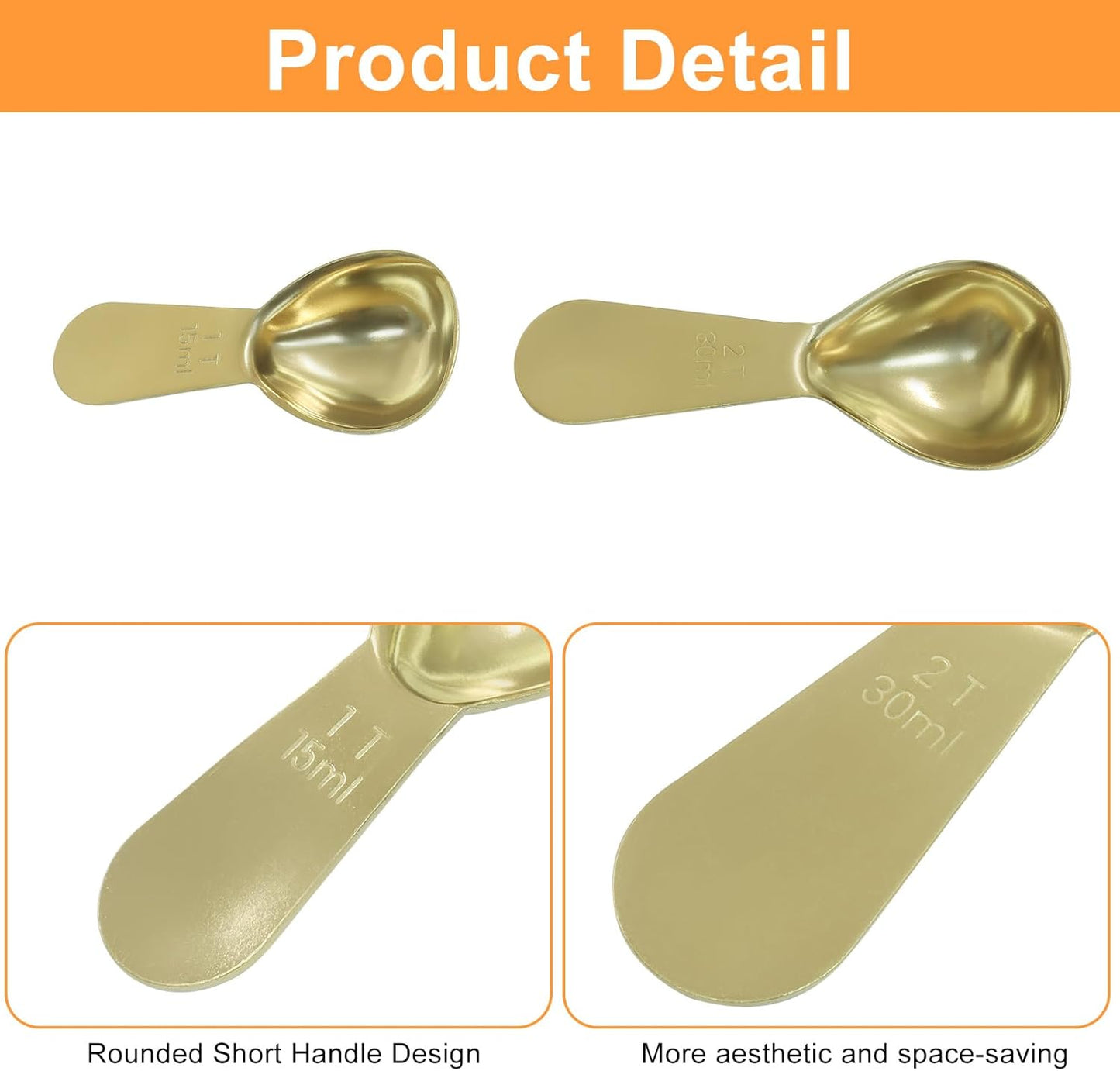 2Pcs Stainless Steel Coffee Scoop, 15ml+30ml | Short Handles, 1&2 Tablespoon Measure, Ergonomics Design, For Coffee, Loose Tea, Sugar, Flour
