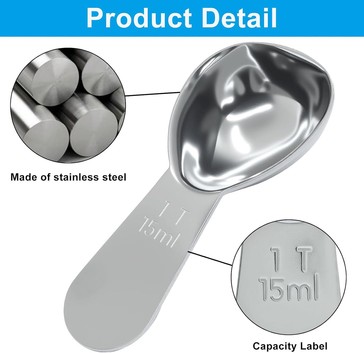 2Pcs Stainless Steel Coffee Scoop, 15ml+30ml | Short Handles, 1&2 Tablespoon Measure, Ergonomics Design, For Coffee, Loose Tea, Sugar, Flour