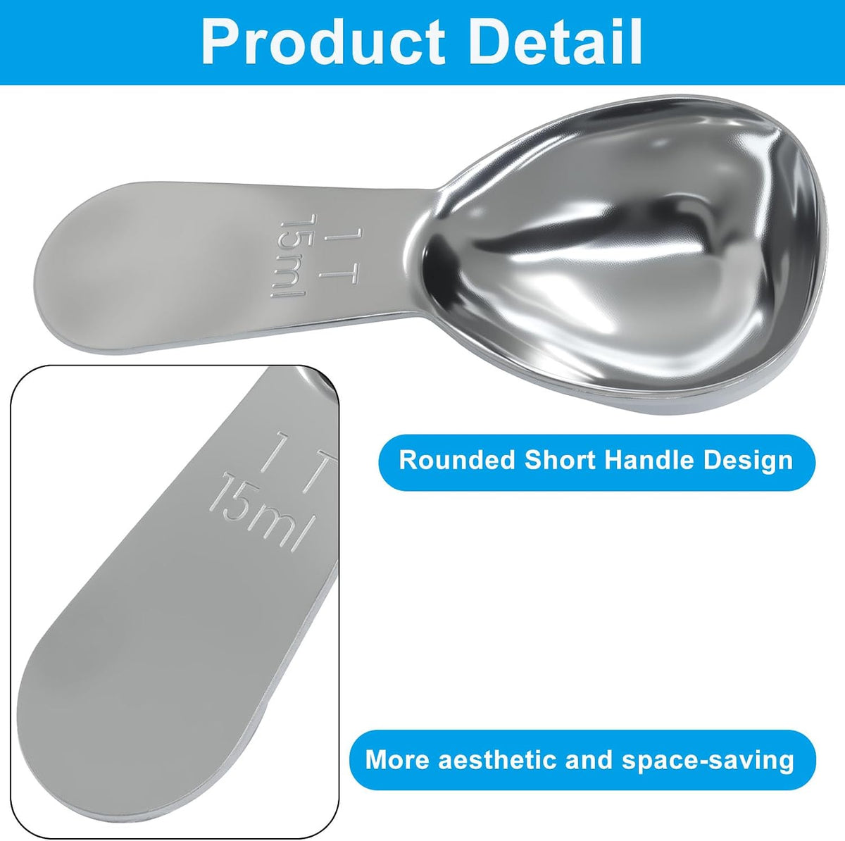 2Pcs Stainless Steel Coffee Scoop, 15ml+30ml | Short Handles, 1&2 Tablespoon Measure, Ergonomics Design, For Coffee, Loose Tea, Sugar, Flour