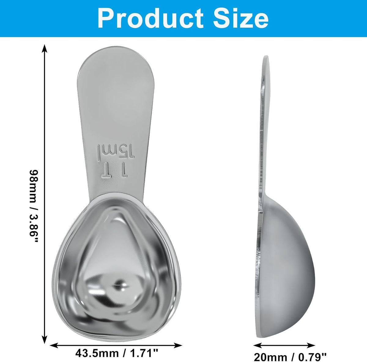2Pcs Stainless Steel Coffee Scoop, 15ml+30ml | Short Handles, 1&2 Tablespoon Measure, Ergonomics Design, For Coffee, Loose Tea, Sugar, Flour