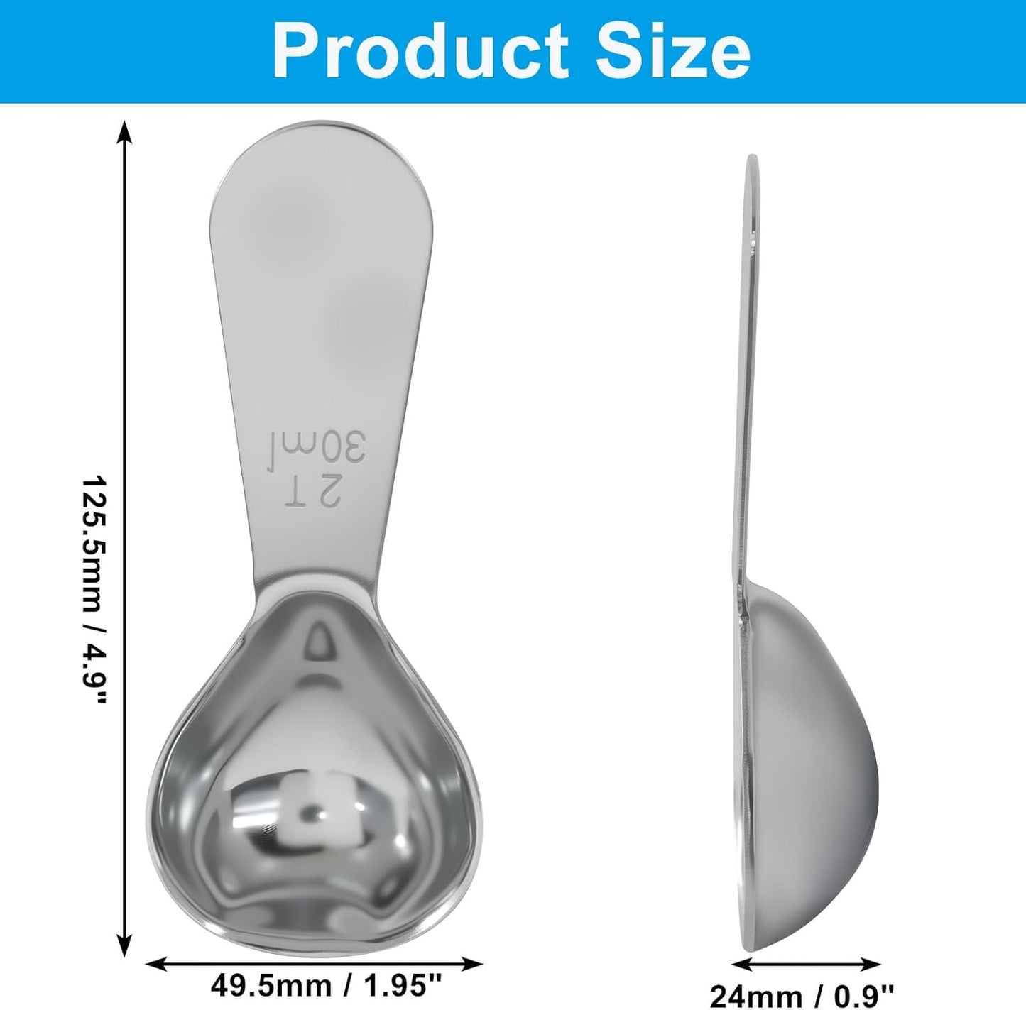 2Pcs Stainless Steel Coffee Scoop, 15ml+30ml | Short Handles, 1&2 Tablespoon Measure, Ergonomics Design, For Coffee, Loose Tea, Sugar, Flour