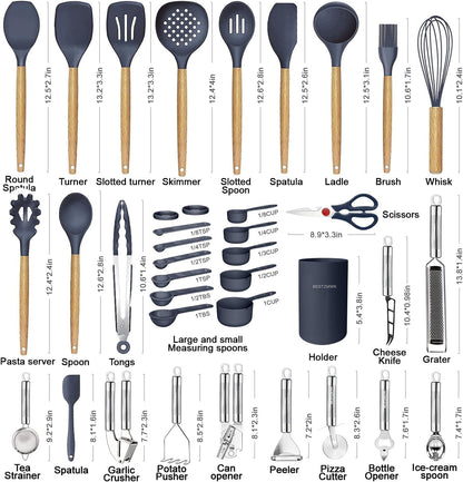 Cooking Utensils Set- 35 PCs Kitchen Utensils with Grater,Tongs, Spoon Spatula &Turner Made of Heat Resistant Food Grade Silicone and Wooden Handles Kitchen Gadgets Tools Set for Nonstick Cookware