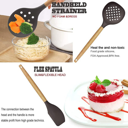 Cooking Utensils Set- 35 PCs Kitchen Utensils with Grater,Tongs, Spoon Spatula &Turner Made of Heat Resistant Food Grade Silicone and Wooden Handles Kitchen Gadgets Tools Set for Nonstick Cookware