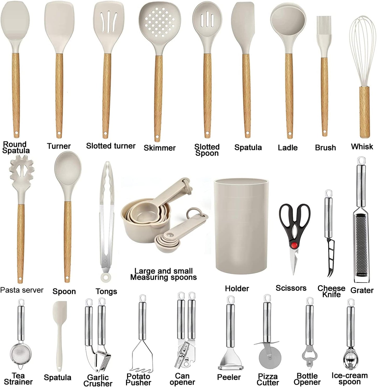 Cooking Utensils Set- 35 PCs Kitchen Utensils with Grater,Tongs, Spoon Spatula &Turner Made of Heat Resistant Food Grade Silicone and Wooden Handles Kitchen Gadgets Tools Set for Nonstick Cookware