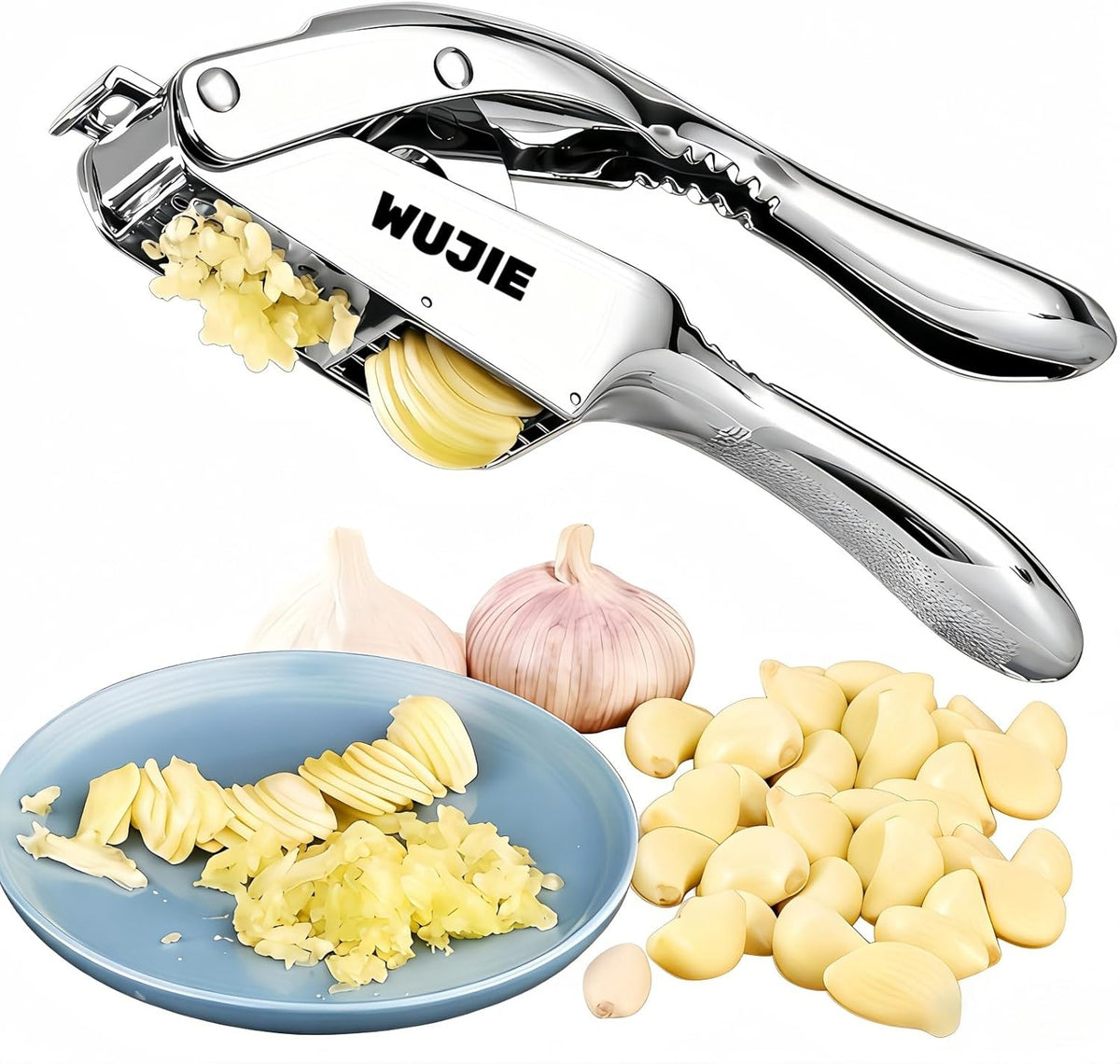 Stainless Steel Garlic Press and Slicer - 2-in-1 Crusher and Mincer, Professional Kitchen Tool with Cleaning Brush for Garlic and Ginger, Aluminum Alloy