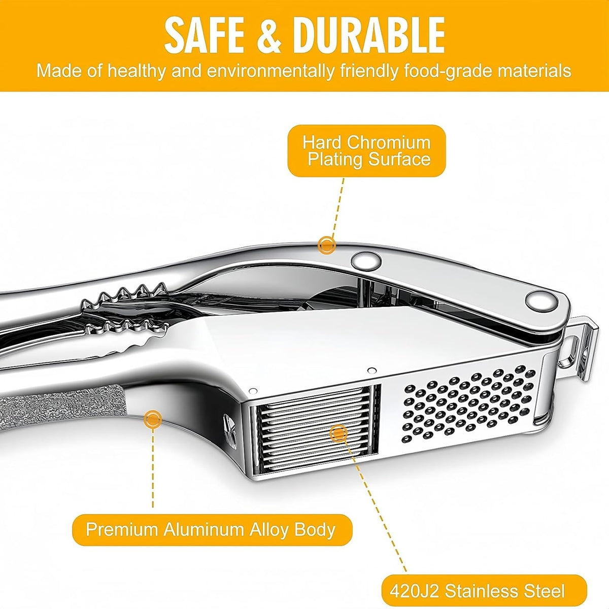 Stainless Steel Garlic Press and Slicer - 2-in-1 Crusher and Mincer, Professional Kitchen Tool with Cleaning Brush for Garlic and Ginger, Aluminum Alloy