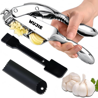 Stainless Steel Garlic Press and Slicer - 2-in-1 Crusher and Mincer, Professional Kitchen Tool with Cleaning Brush for Garlic and Ginger, Aluminum Alloy