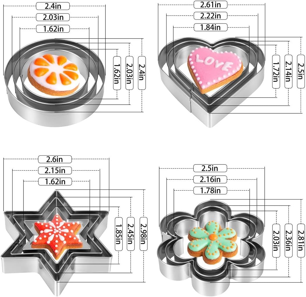 Metal Cookie Cutters Set 12 Pieces, Stainless Steel 3 Heart Cookie Cutters, 3 Star Cookie Cutters, 3 Flower Cookie Cutters, 3 Round Cookie Cutters for Valentine's Day Christmas Holiday