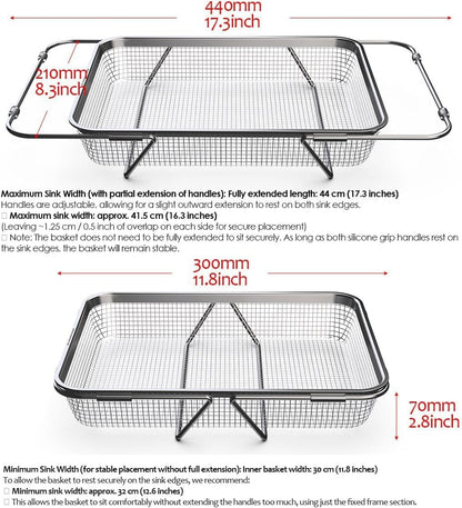 Extendable Dish Rack with Feet, Vegetable Colander Basket, Stainless Steel Dish or Silverware Drying Rack, Ultimate Kitchen Organizer Over the Sink (11.81 x 8.27 x 2.76 Inches)