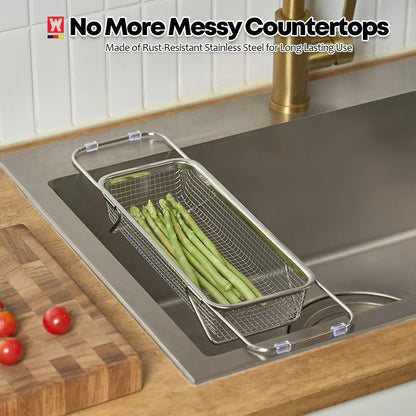 Extendable Dish Rack with Feet, Vegetable Colander Basket, Stainless Steel Dish or Silverware Drying Rack, Ultimate Kitchen Organizer Over the Sink (11.81 x 8.27 x 2.76 Inches)