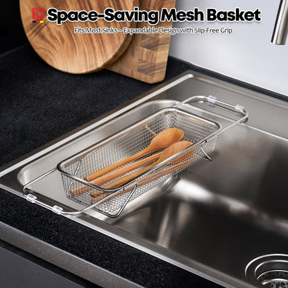 Extendable Dish Rack with Feet, Vegetable Colander Basket, Stainless Steel Dish or Silverware Drying Rack, Ultimate Kitchen Organizer Over the Sink (11.81 x 8.27 x 2.76 Inches)