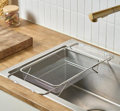 Extendable Dish Rack with Feet, Vegetable Colander Basket, Stainless Steel Dish or Silverware Drying Rack, Ultimate Kitchen Organizer Over the Sink (11.81 x 8.27 x 2.76 Inches)