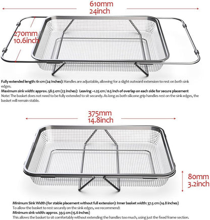 Extendable Dish Rack with Feet, Vegetable Colander Basket, Stainless Steel Dish or Silverware Drying Rack, Ultimate Kitchen Organizer Over the Sink (11.81 x 8.27 x 2.76 Inches)
