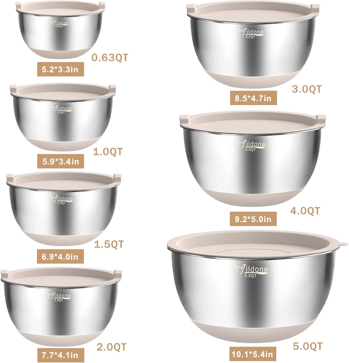 Mixing Bowls with Airtight Lids, 27 PCS Stainless Steel Nesting Bowls, with 3 Grater Attachments, Scale Mark & Non-Slip Bottom, Size 5, 4, 3, 2, 1.5, 1, 0.63QT, Ideal for Mixing & Prepping