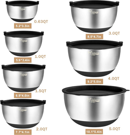 Mixing Bowls with Airtight Lids, 27 PCS Stainless Steel Nesting Bowls, with 3 Grater Attachments, Scale Mark & Non-Slip Bottom, Size 5, 4, 3, 2, 1.5, 1, 0.63QT, Ideal for Mixing & Prepping