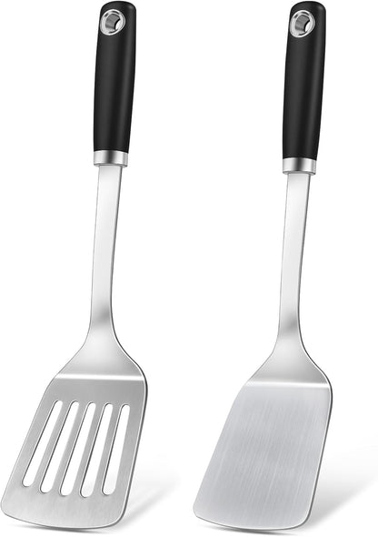 Silicone Stainless Steel Spatulas Set, Metal Spatula Solid & Slotted Turner, Heavy Duty Sturdy Spatula for Kitchen Use, High Heat Resistant Cooking Utensils for Fish Eggs Pancakes, Easy to Clean