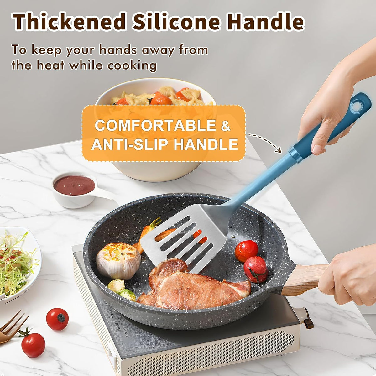 Silicone Stainless Steel Spatulas Set, Metal Spatula Solid & Slotted Turner, Heavy Duty Sturdy Spatula for Kitchen Use, High Heat Resistant Cooking Utensils for Fish Eggs Pancakes, Easy to Clean