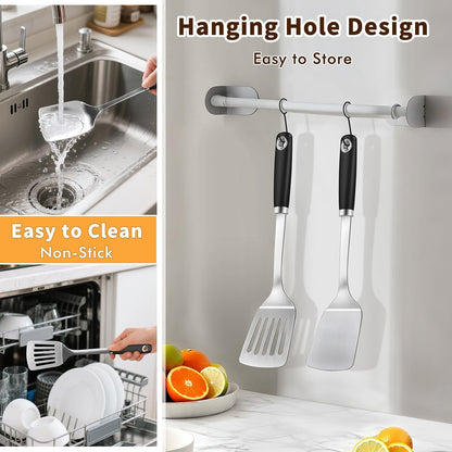 Silicone Stainless Steel Spatulas Set, Metal Spatula Solid & Slotted Turner, Heavy Duty Sturdy Spatula for Kitchen Use, High Heat Resistant Cooking Utensils for Fish Eggs Pancakes, Easy to Clean