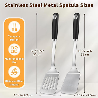 Silicone Stainless Steel Spatulas Set, Metal Spatula Solid & Slotted Turner, Heavy Duty Sturdy Spatula for Kitchen Use, High Heat Resistant Cooking Utensils for Fish Eggs Pancakes, Easy to Clean