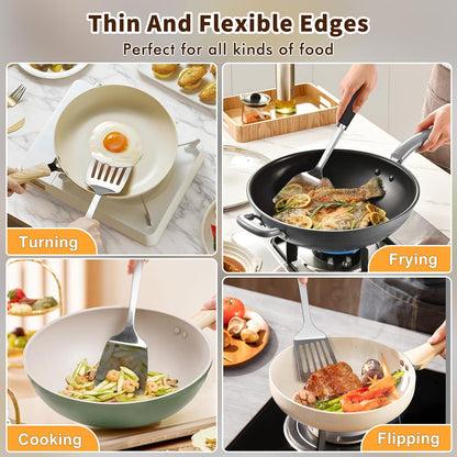 Silicone Stainless Steel Spatulas Set, Metal Spatula Solid & Slotted Turner, Heavy Duty Sturdy Spatula for Kitchen Use, High Heat Resistant Cooking Utensils for Fish Eggs Pancakes, Easy to Clean