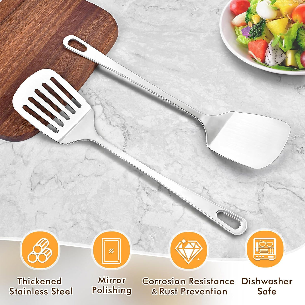Silicone Stainless Steel Spatulas Set, Metal Spatula Solid & Slotted Turner, Heavy Duty Sturdy Spatula for Kitchen Use, High Heat Resistant Cooking Utensils for Fish Eggs Pancakes, Easy to Clean