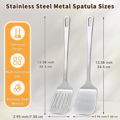 Silicone Stainless Steel Spatulas Set, Metal Spatula Solid & Slotted Turner, Heavy Duty Sturdy Spatula for Kitchen Use, High Heat Resistant Cooking Utensils for Fish Eggs Pancakes, Easy to Clean
