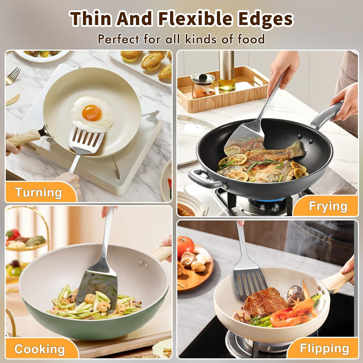 Silicone Stainless Steel Spatulas Set, Metal Spatula Solid & Slotted Turner, Heavy Duty Sturdy Spatula for Kitchen Use, High Heat Resistant Cooking Utensils for Fish Eggs Pancakes, Easy to Clean