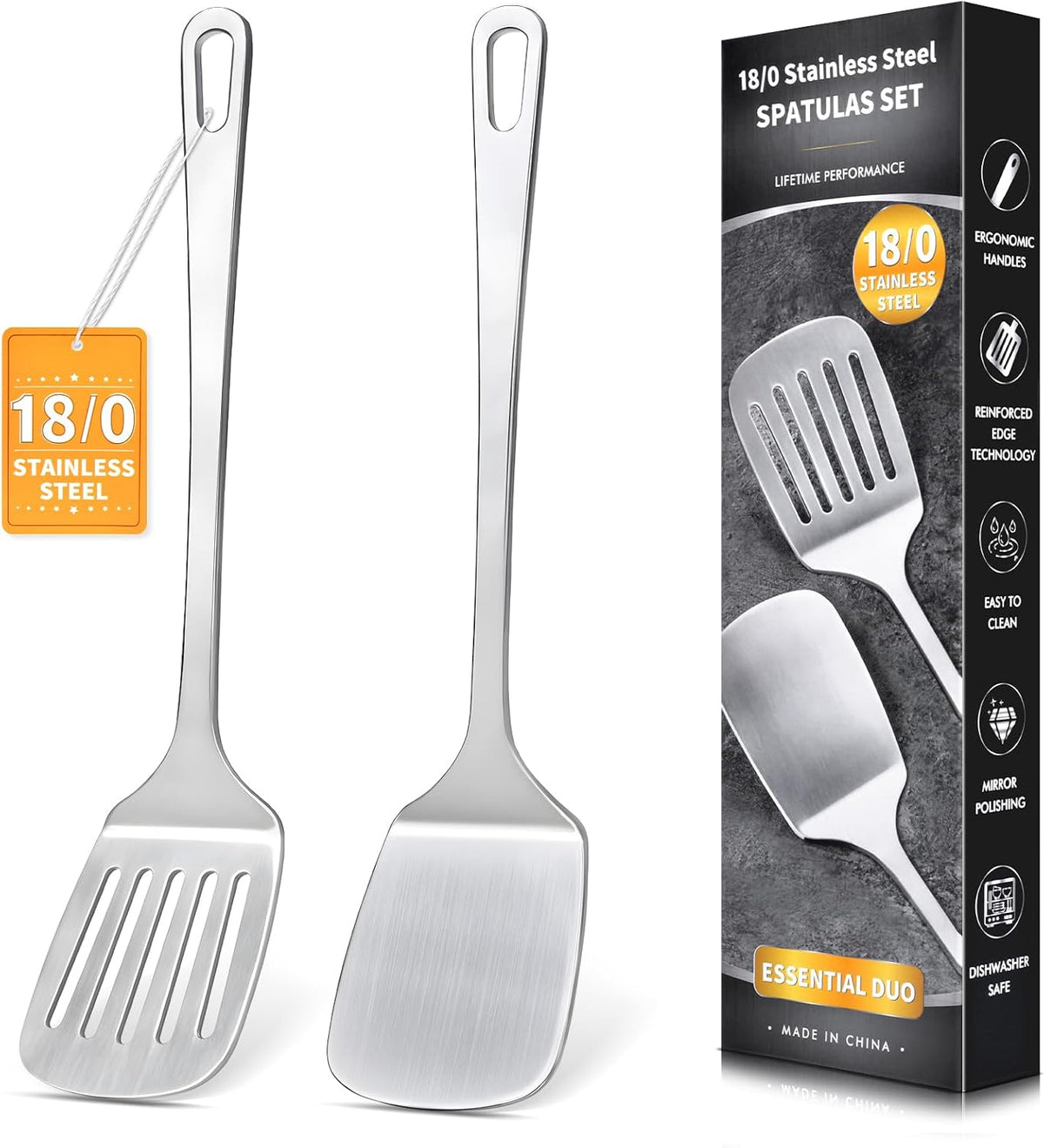 Silicone Stainless Steel Spatulas Set, Metal Spatula Solid & Slotted Turner, Heavy Duty Sturdy Spatula for Kitchen Use, High Heat Resistant Cooking Utensils for Fish Eggs Pancakes, Easy to Clean