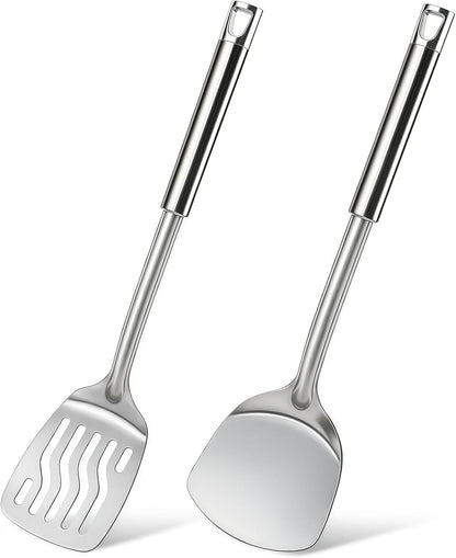 Silicone Stainless Steel Spatulas Set, Metal Spatula Solid & Slotted Turner, Heavy Duty Sturdy Spatula for Kitchen Use, High Heat Resistant Cooking Utensils for Fish Eggs Pancakes, Easy to Clean