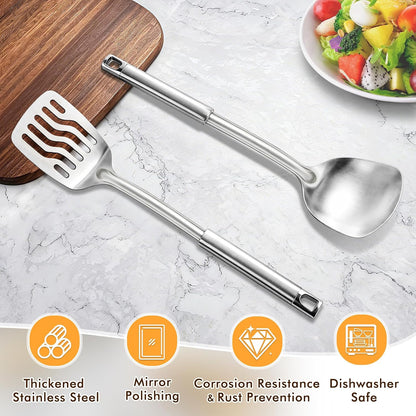 Silicone Stainless Steel Spatulas Set, Metal Spatula Solid & Slotted Turner, Heavy Duty Sturdy Spatula for Kitchen Use, High Heat Resistant Cooking Utensils for Fish Eggs Pancakes, Easy to Clean