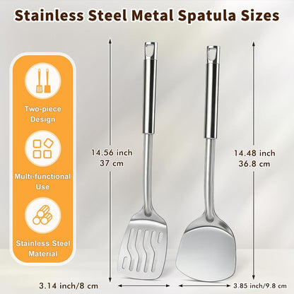 Silicone Stainless Steel Spatulas Set, Metal Spatula Solid & Slotted Turner, Heavy Duty Sturdy Spatula for Kitchen Use, High Heat Resistant Cooking Utensils for Fish Eggs Pancakes, Easy to Clean