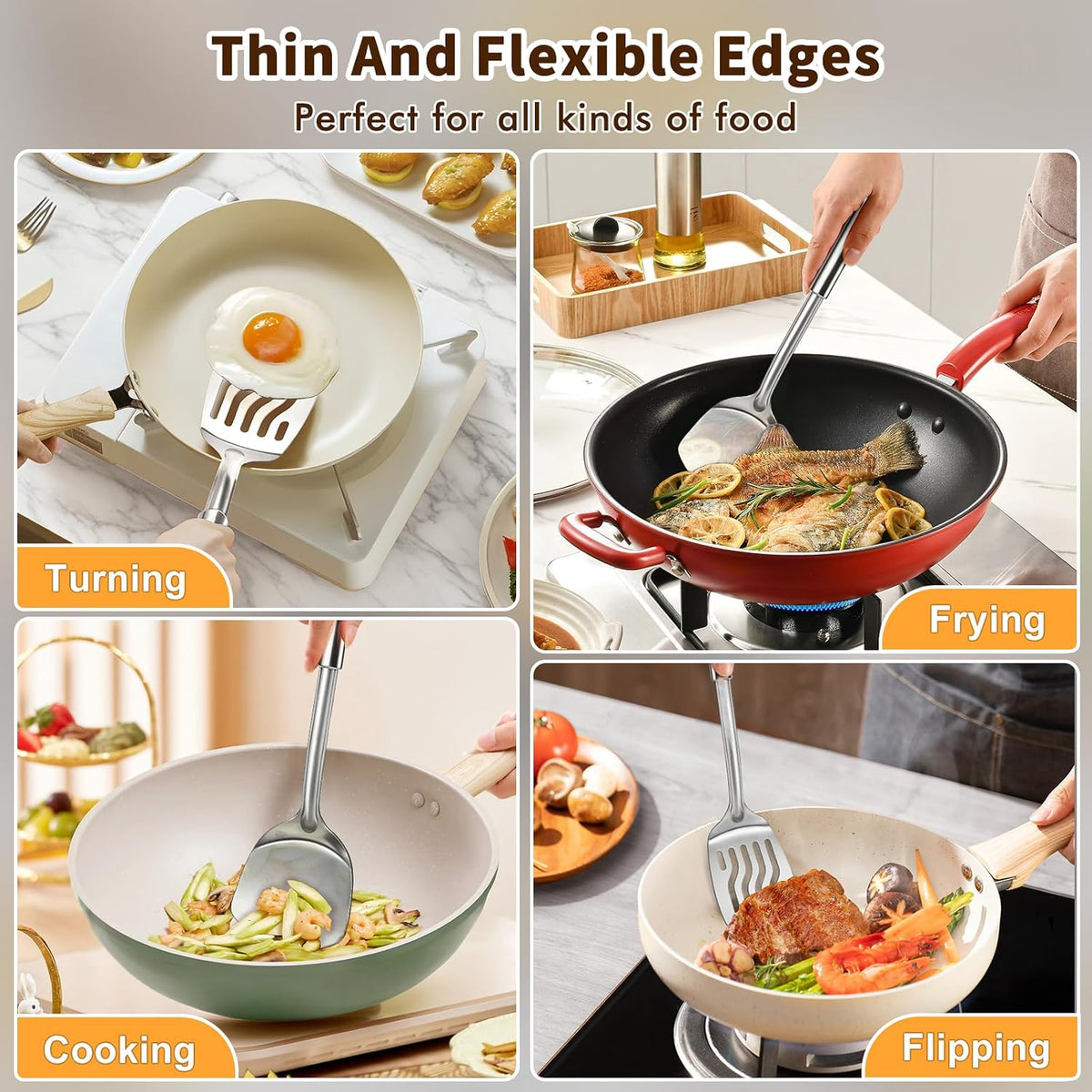 Silicone Stainless Steel Spatulas Set, Metal Spatula Solid & Slotted Turner, Heavy Duty Sturdy Spatula for Kitchen Use, High Heat Resistant Cooking Utensils for Fish Eggs Pancakes, Easy to Clean