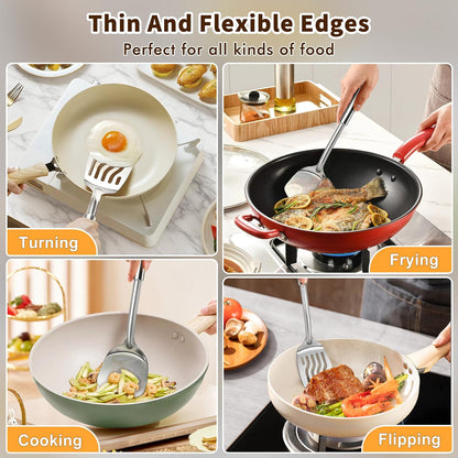 Silicone Stainless Steel Spatulas Set, Metal Spatula Solid & Slotted Turner, Heavy Duty Sturdy Spatula for Kitchen Use, High Heat Resistant Cooking Utensils for Fish Eggs Pancakes, Easy to Clean
