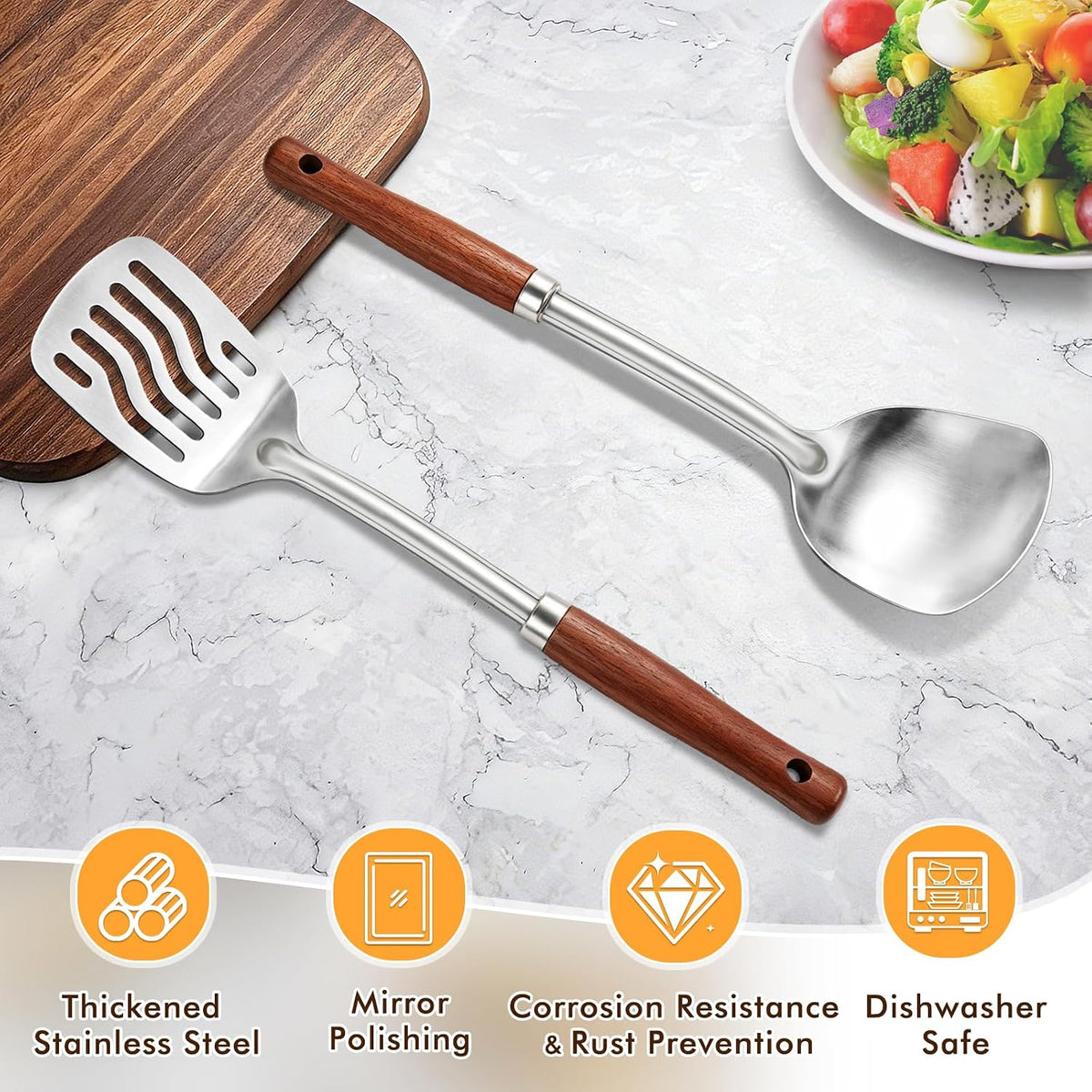 Silicone Stainless Steel Spatulas Set, Metal Spatula Solid & Slotted Turner, Heavy Duty Sturdy Spatula for Kitchen Use, High Heat Resistant Cooking Utensils for Fish Eggs Pancakes, Easy to Clean