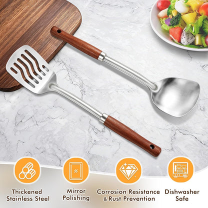 Silicone Stainless Steel Spatulas Set, Metal Spatula Solid & Slotted Turner, Heavy Duty Sturdy Spatula for Kitchen Use, High Heat Resistant Cooking Utensils for Fish Eggs Pancakes, Easy to Clean