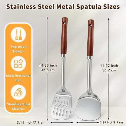 Silicone Stainless Steel Spatulas Set, Metal Spatula Solid & Slotted Turner, Heavy Duty Sturdy Spatula for Kitchen Use, High Heat Resistant Cooking Utensils for Fish Eggs Pancakes, Easy to Clean