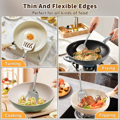 Silicone Stainless Steel Spatulas Set, Metal Spatula Solid & Slotted Turner, Heavy Duty Sturdy Spatula for Kitchen Use, High Heat Resistant Cooking Utensils for Fish Eggs Pancakes, Easy to Clean
