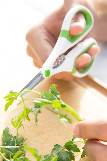 Heavy Duty Home & Kitchen Herb Shears Scissors with Innovative Stem Stripper, Versatile Kitchen Shears for Trimming Weeds, Flower Buds & More - White/Green - 8.5 x 4.2 x 0.4 inches