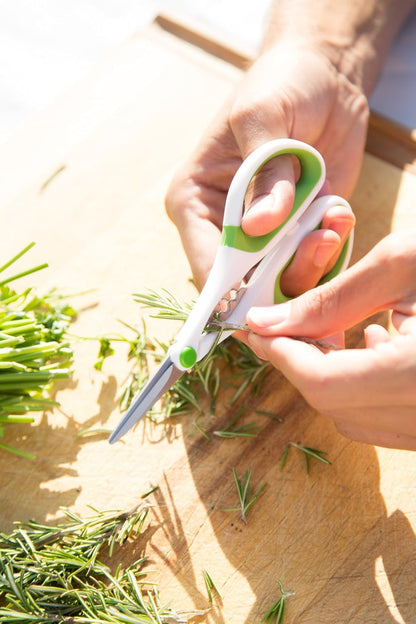 Heavy Duty Home & Kitchen Herb Shears Scissors with Innovative Stem Stripper, Versatile Kitchen Shears for Trimming Weeds, Flower Buds & More - White/Green - 8.5 x 4.2 x 0.4 inches